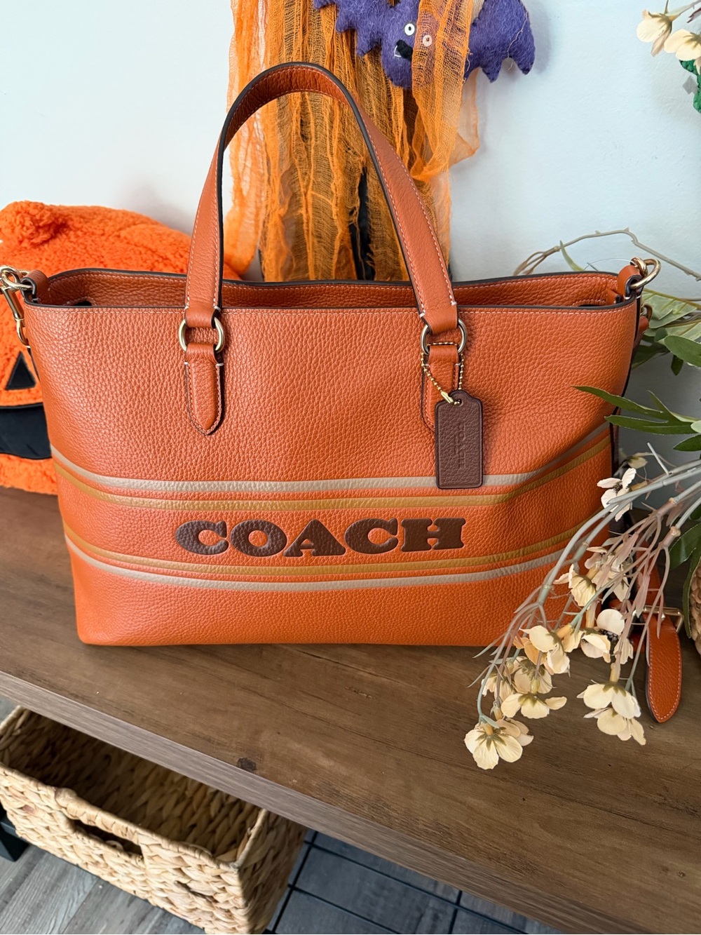 Coach Orange Pebbled Leather Logo Stripe Tote or Crossbody